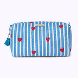 KIKOONI Love Edition blue cosmetic bag with tassel zip – angled front view