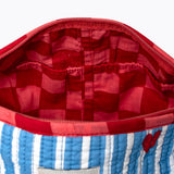 KIKOONI Love Edition blue cosmetic bag, open to show the red printed lining