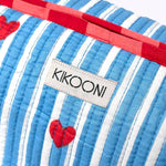 KIKOONI Love Edition blue cosmetic bag, woven label and heart print – detail