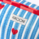 KIKOONI Love Edition blue cosmetic bag, woven label and heart print – detail