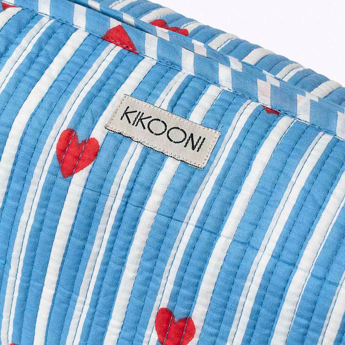 KIKOONI Love Edition blue stripes and red hearts block print with label – close-up