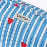 KIKOONI Love Edition blue stripes and red hearts block print with label – close-up