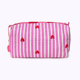 KIKOONI Love Edition pink cosmetic bag in hand block-printed cotton – front view