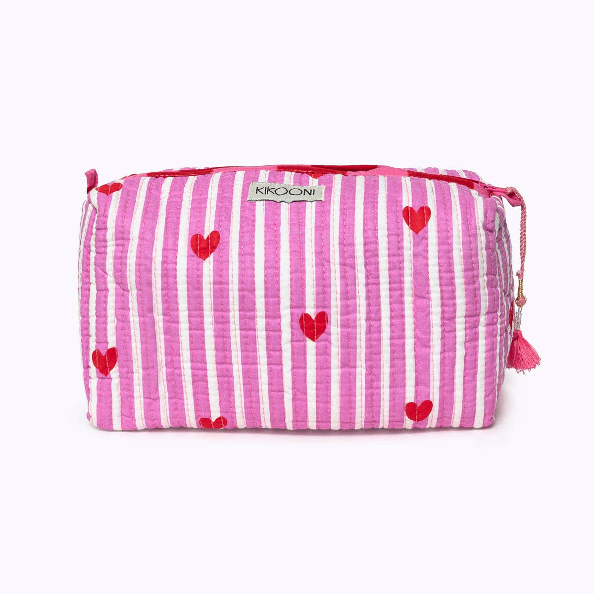 KIKOONI Love Edition pink cosmetic bag with tassel zip – angled front view