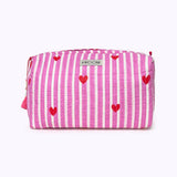 KIKOONI Love Edition cotton cosmetic bag in pink stripes with red hearts – front view