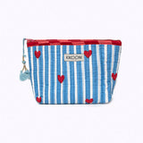 KIKOONI Love Edition cotton mini pouch in blue stripes with red hearts – front view