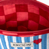 KIKOONI Love Edition blue mini pouch, open to show the red printed lining
