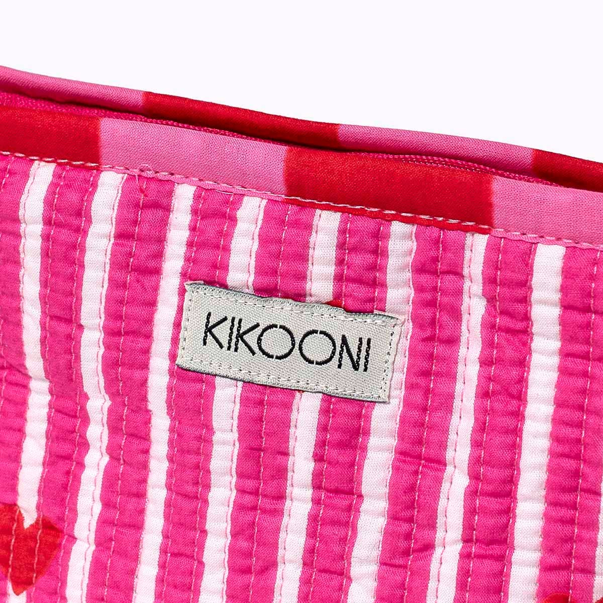 KIKOONI Love Edition pink mini pouch, woven label and stripes – detail