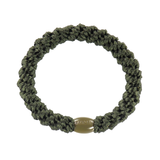 KKNEKKI Bottle Green hair elastic, front view, dark green woven design