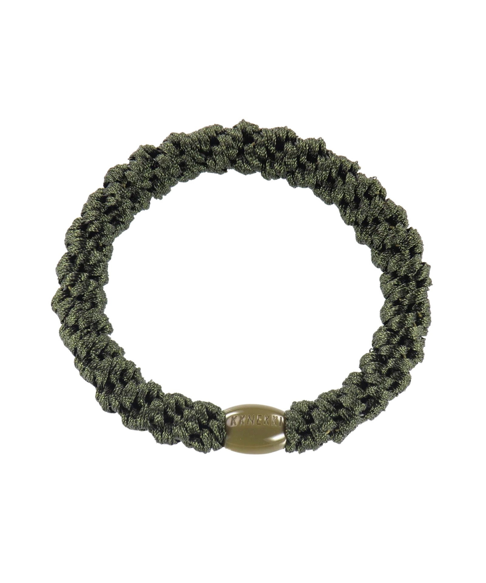 KKNEKKI Bottle Green hair elastic, front view, dark green woven design