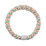 KKNEKKI Faded Green Pink hair elastic, front view, soft pastel glitter woven design