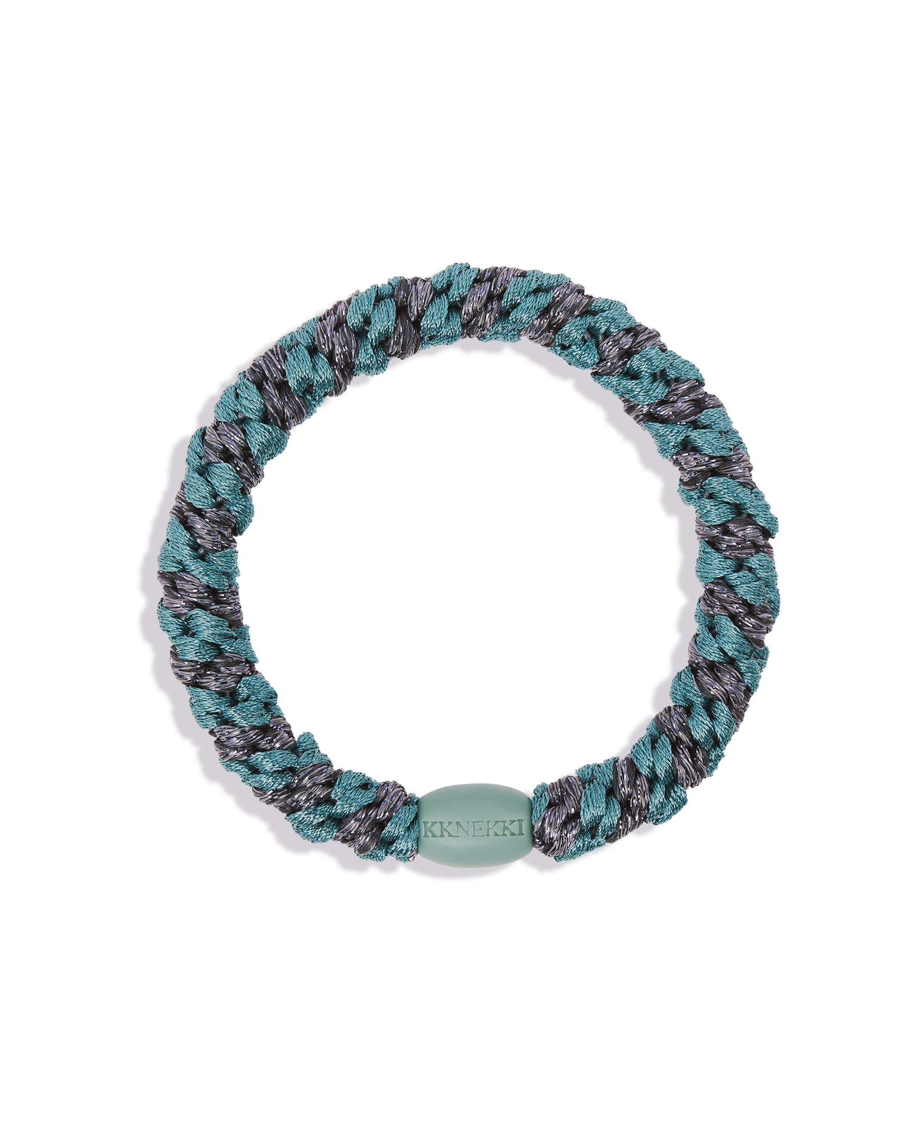 KKNEKKI Hair Tie – Teal & Steel Grey Glitter Stripe – product photo
