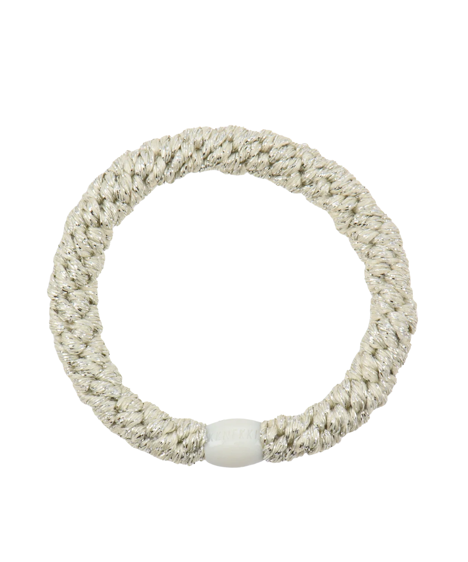 KKNEKKI Ivory Glitter hair elastic, front view, neutral shimmer woven design