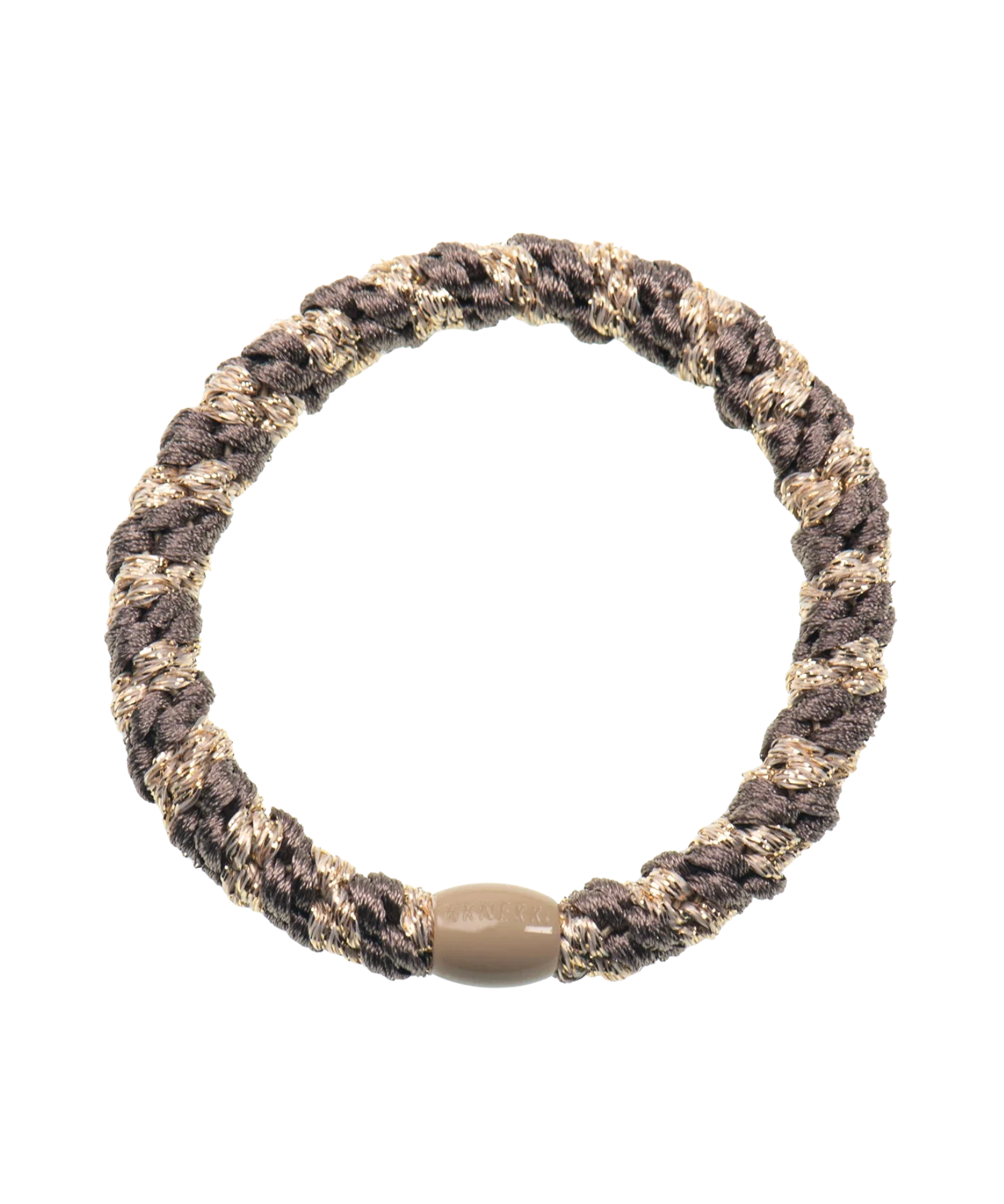 KKNEKKI Mole-Beige hair elastic, front view, neutral glitter woven design