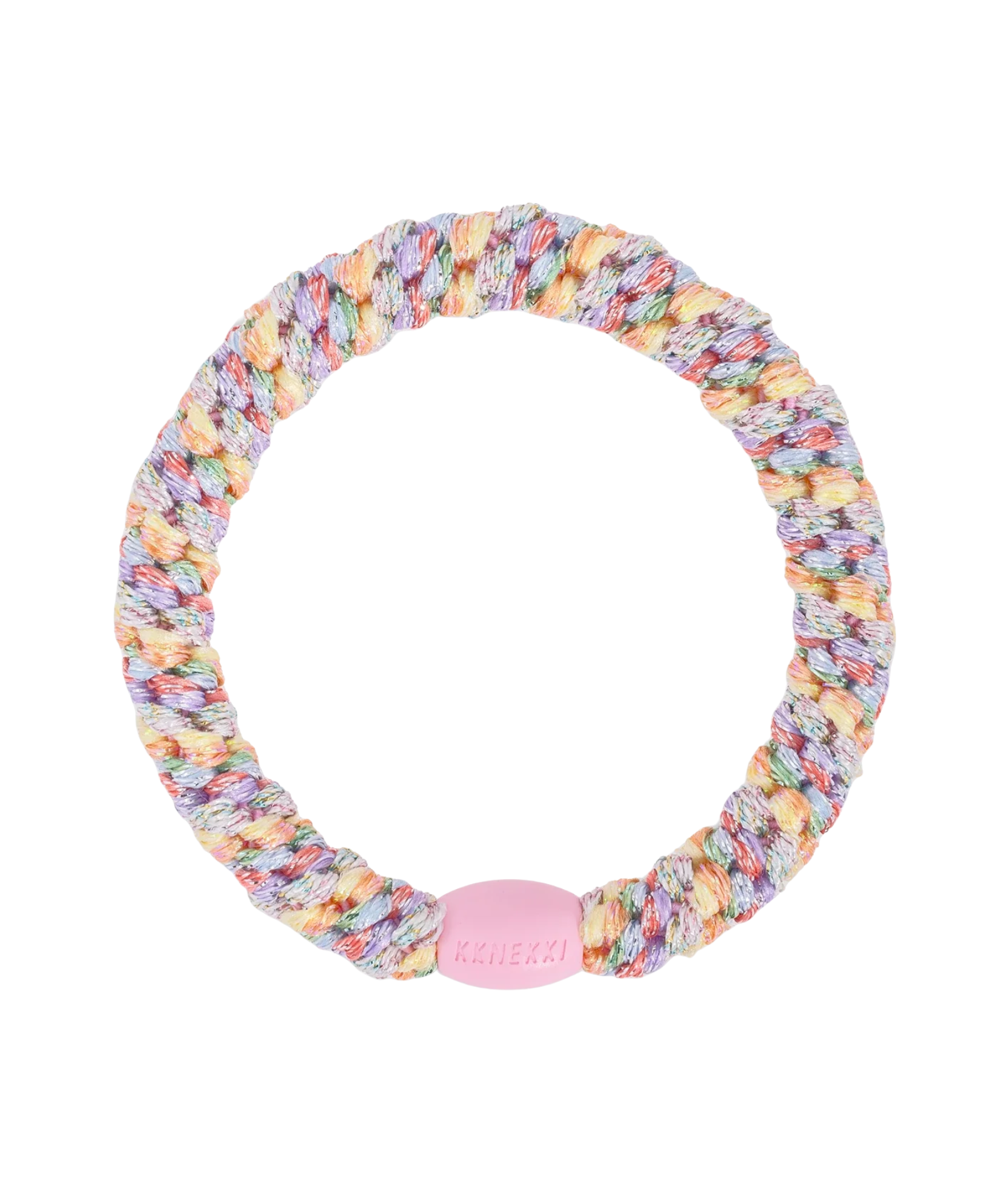 KKNEKKI Pastel Circus hair elastic, front view, multi-coloured woven design