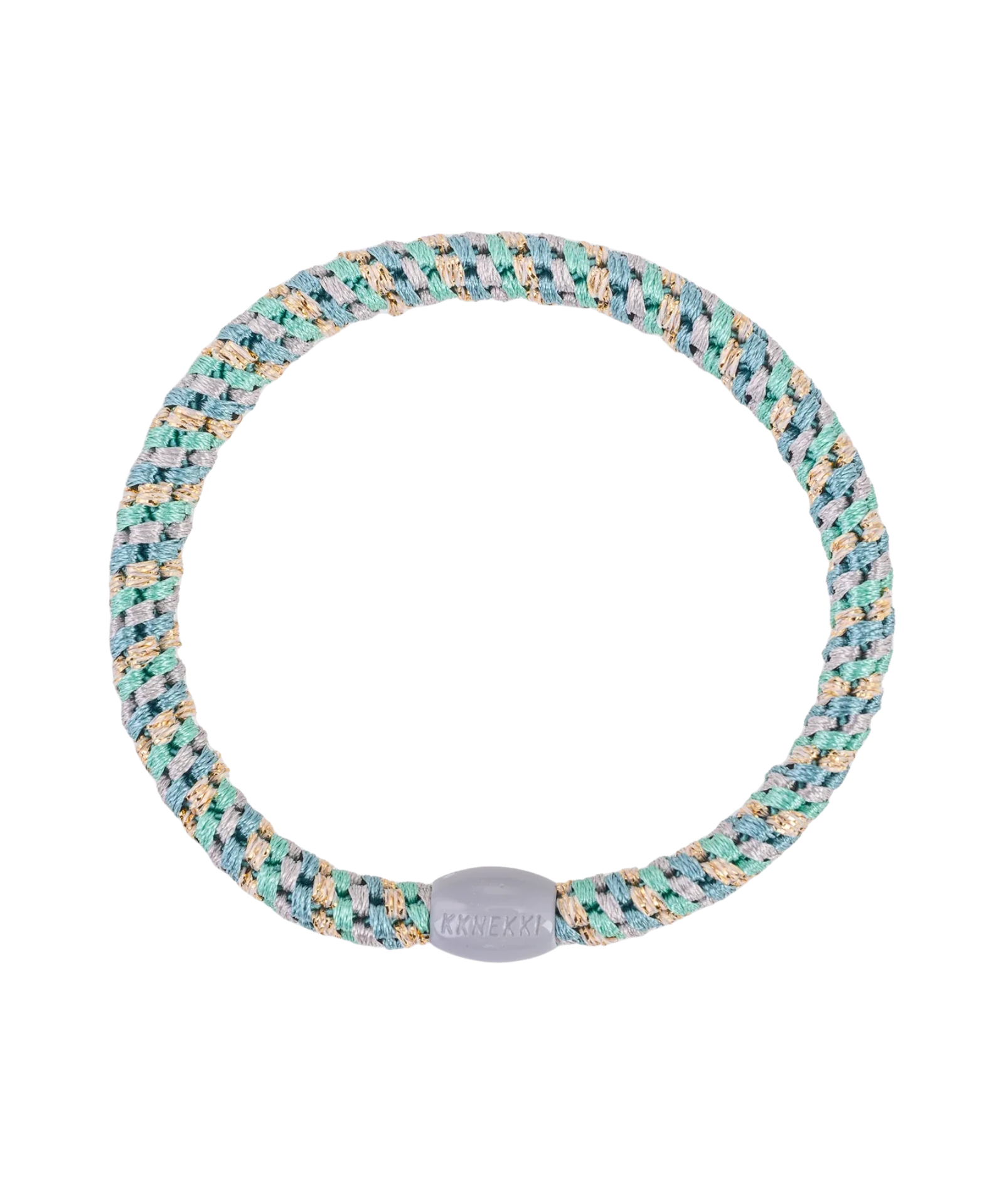 KKNEKKI Slim Mix Teal Gold Glitter hair elastic, front view, slim woven design