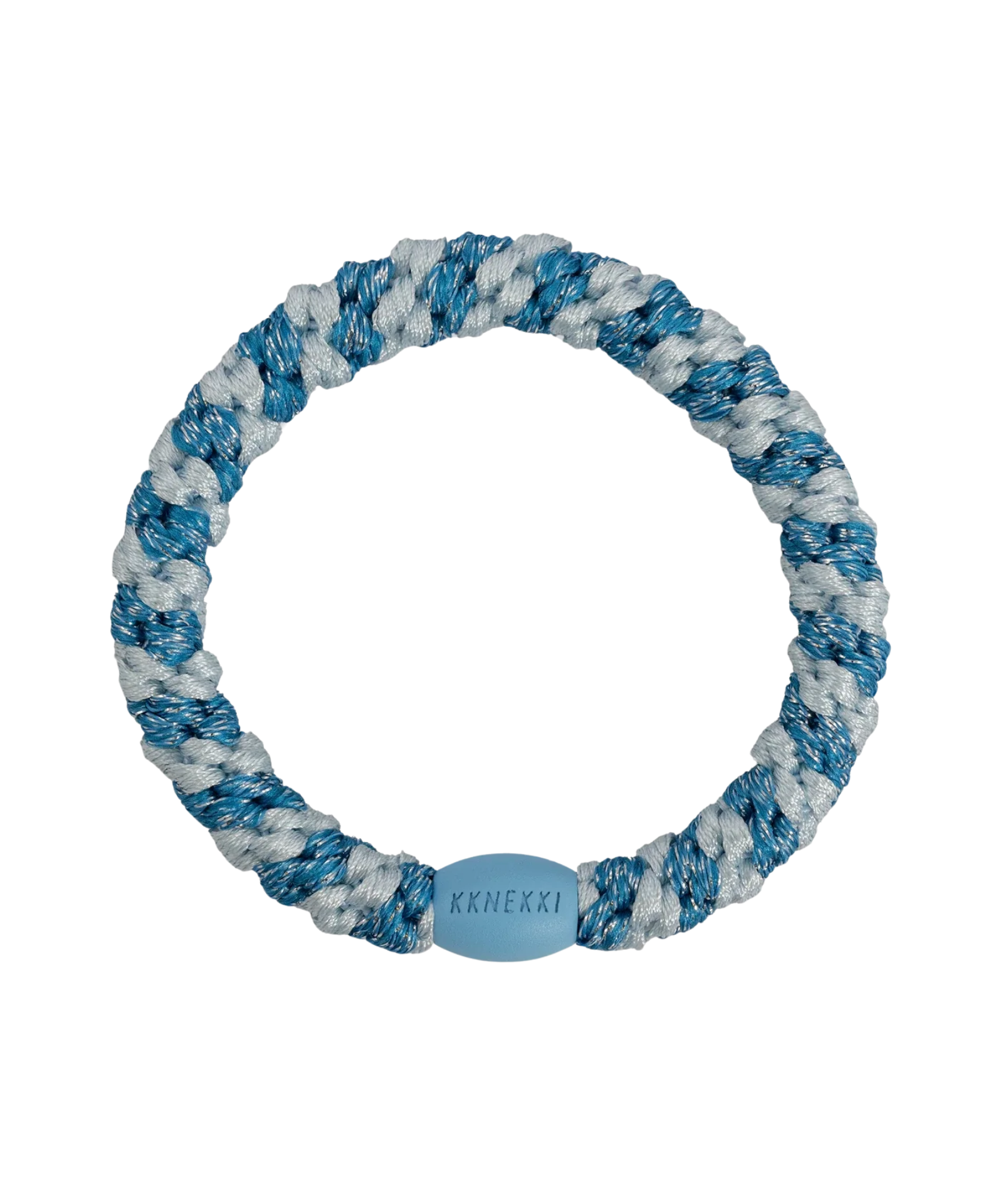 KKNEKKI Stripe Baby Blue hair elastic, front view, blue-and-white glitter woven design