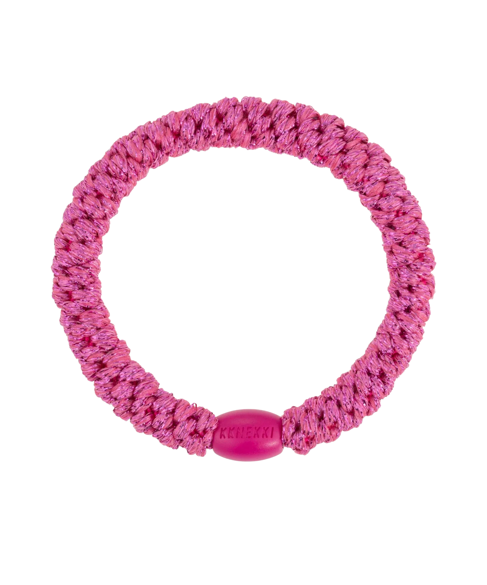 KKNEKKI Strong Pink Glitter hair elastic, front view, woven design