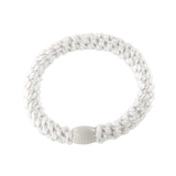 KKNEKKI white glitter hair elastic, front view, soft woven design