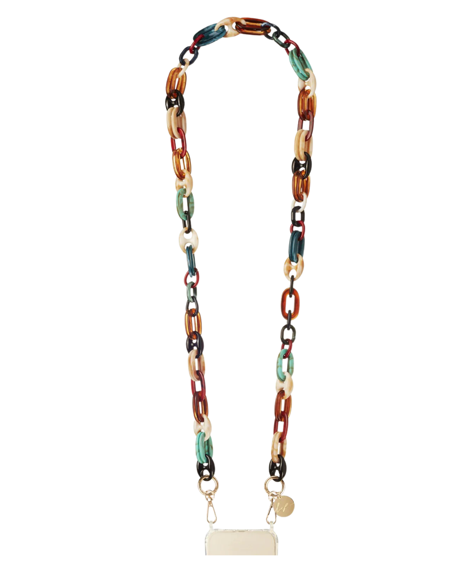 La Coque Française Amber phone chain with turquoise and brown resin links.