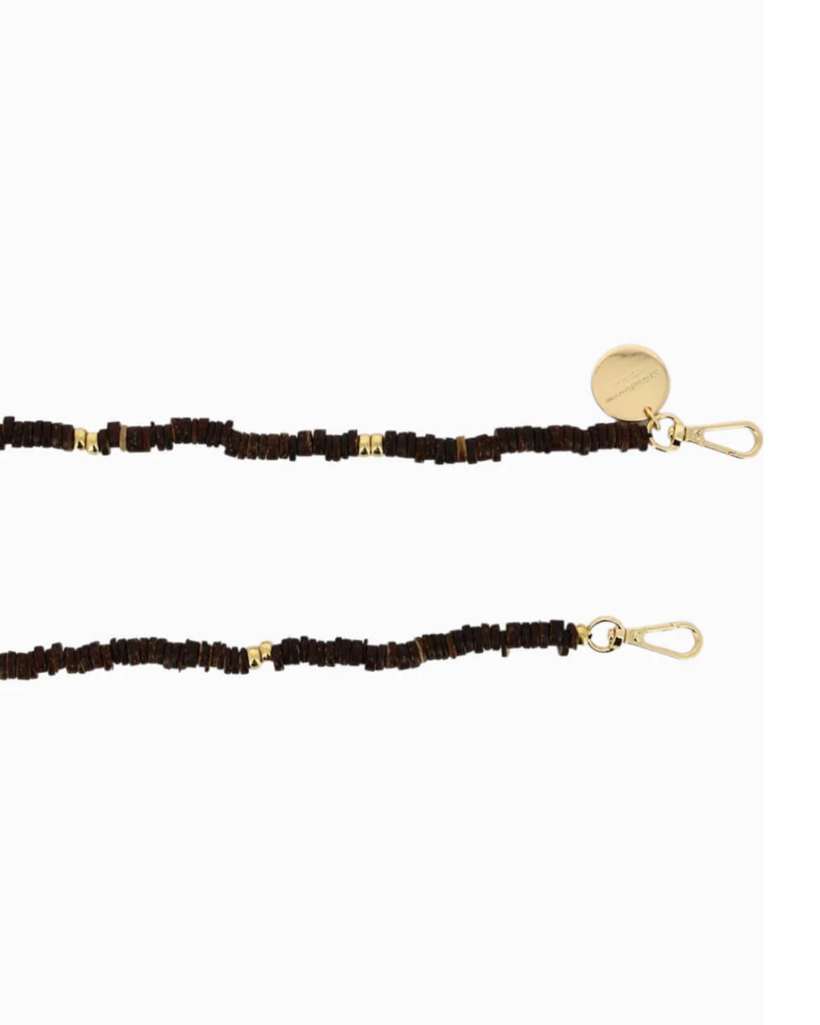 Close-up of the La Coque Française Gaby phone chain's chocolate brown wooden beads, gold-tone spacers and clasps.