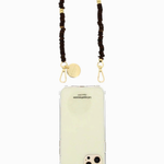 La Coque Française Gaby phone chain with chocolate brown wooden beads and gold-tone accents.