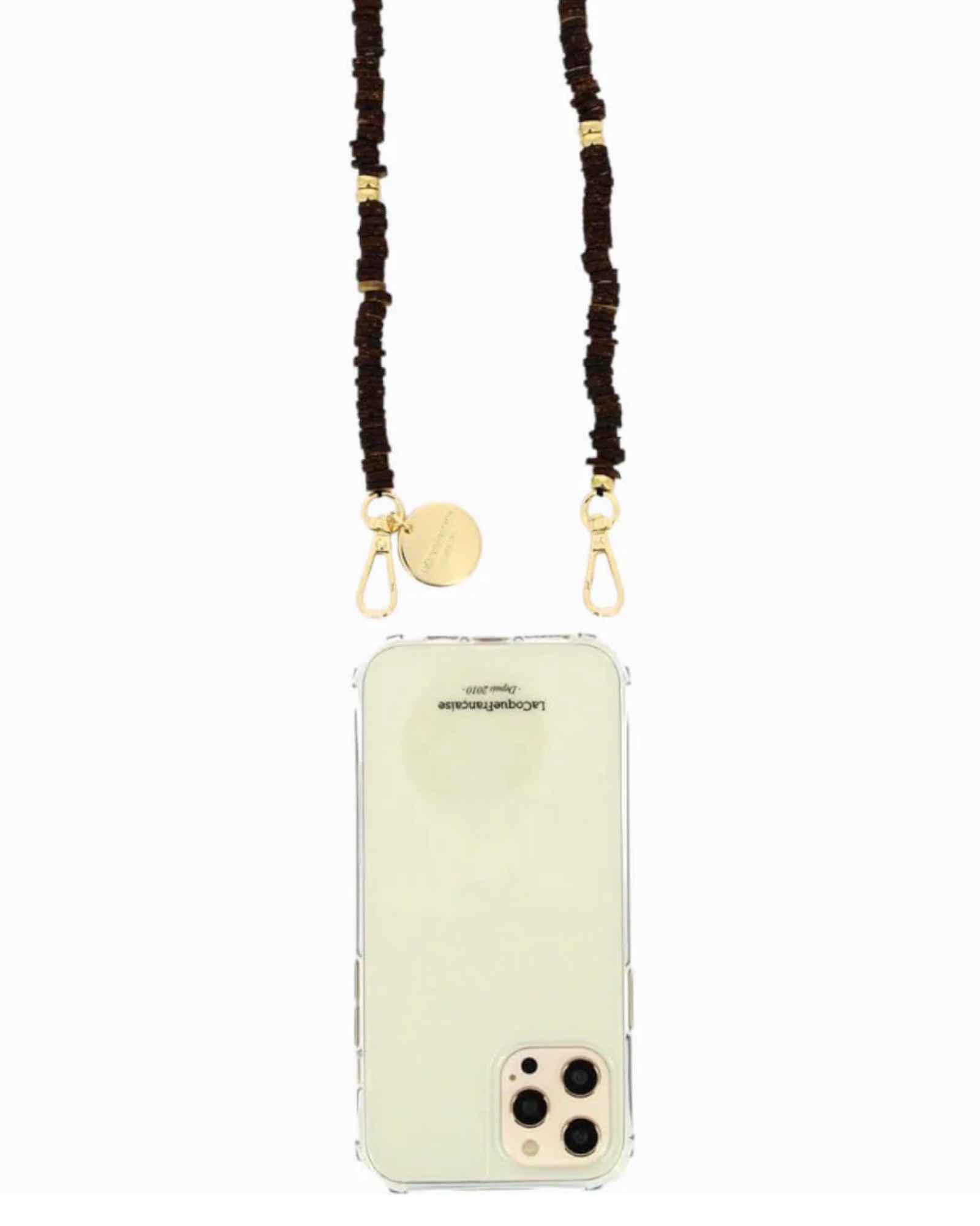 La Coque Française Gaby phone chain with chocolate brown wooden beads and gold-tone accents.
