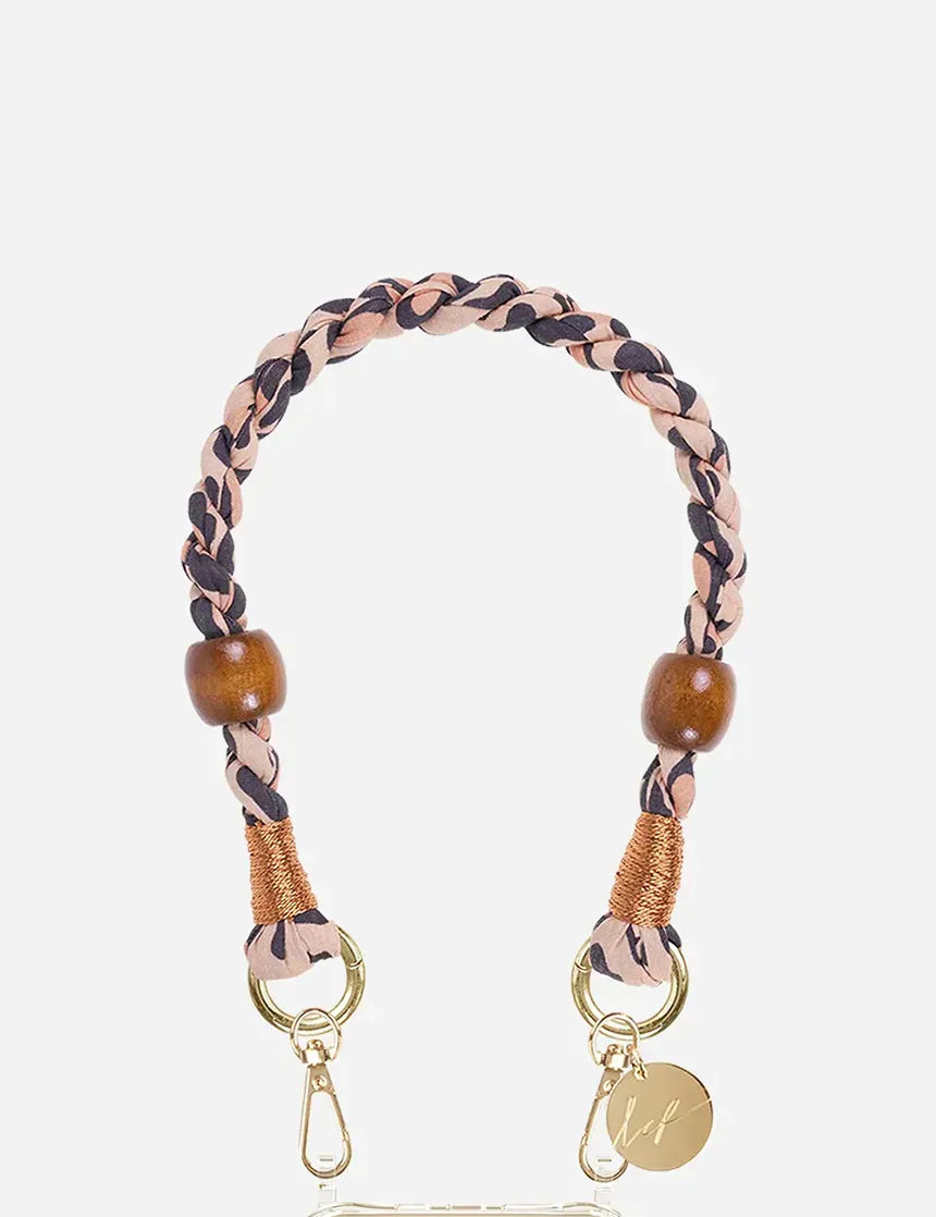 40cm braided leopard print phone strap by La Coque Française with gold carabiners