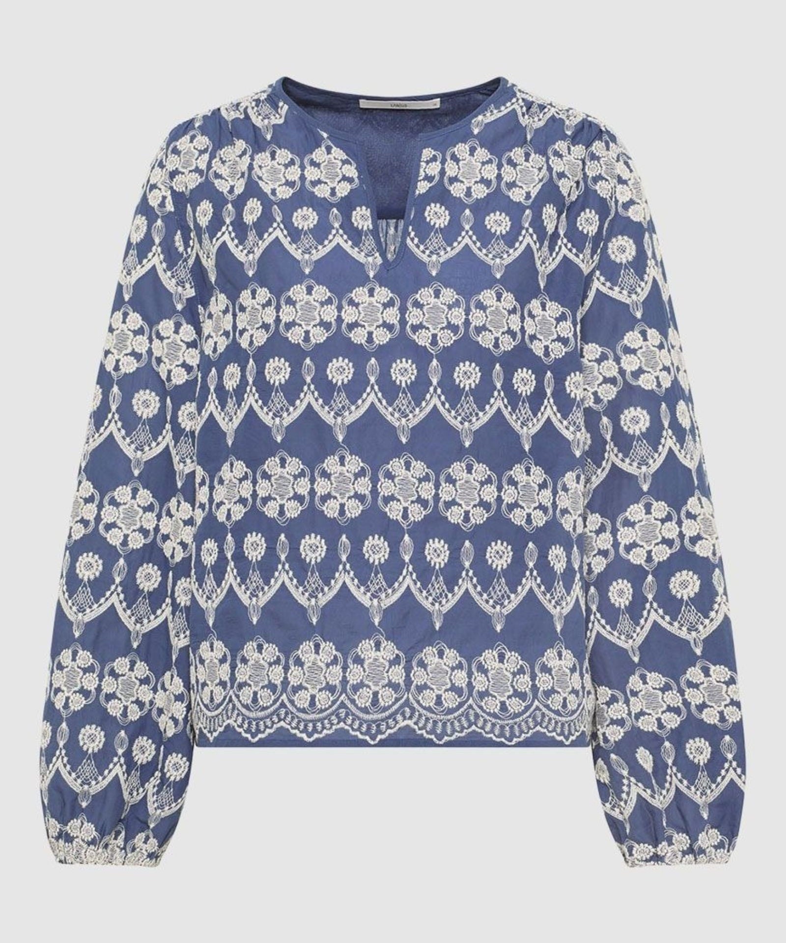 Lanius blue organic cotton blouse with white embroidery
