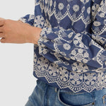 Blue patterned blouse with white lace details worn by a person