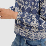 Blue patterned blouse with white lace details worn by a person