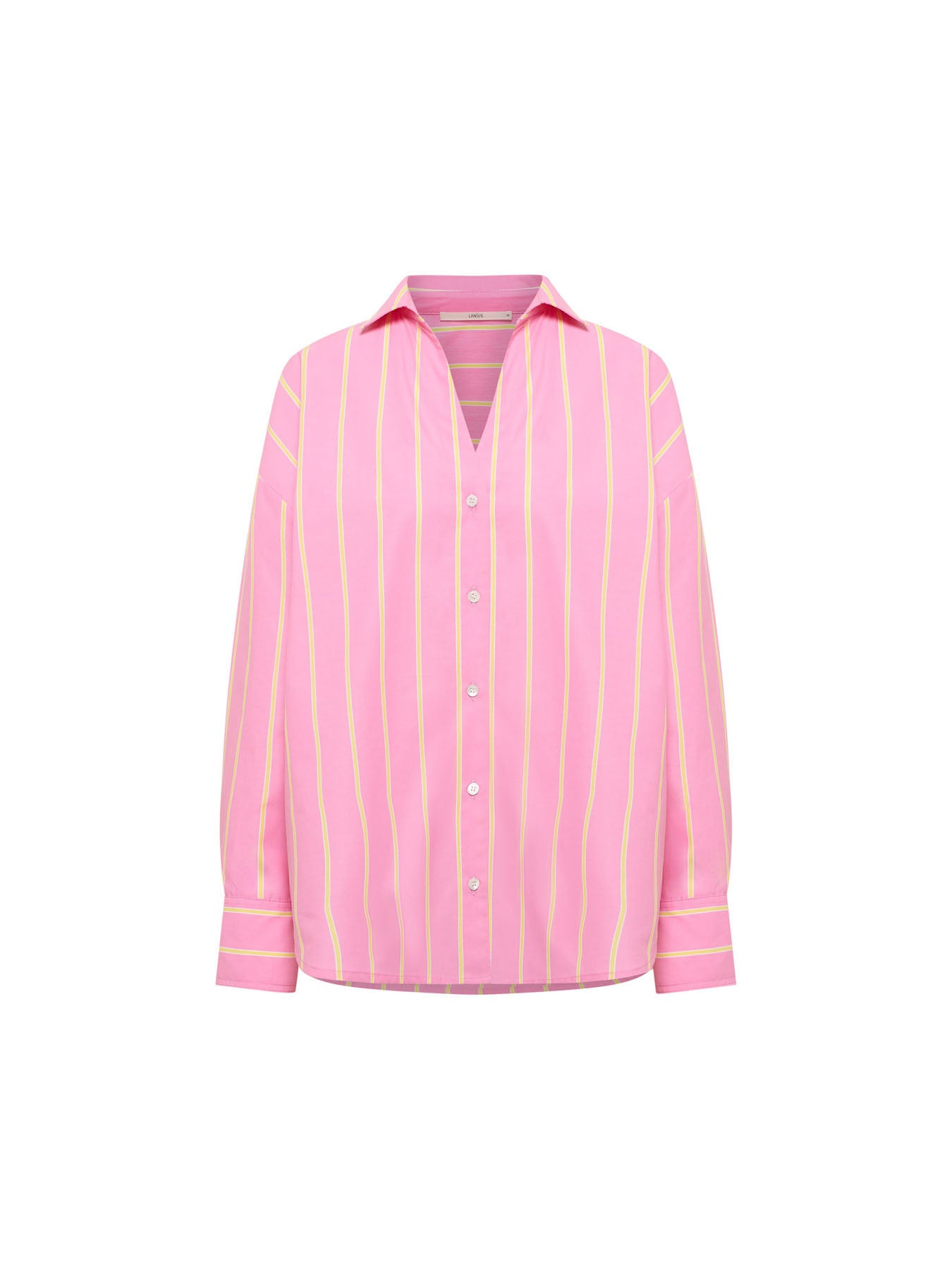 Studio flatlay view of the LANIUS organic cotton striped shirt in bright orchid pink and sun yellow, showing the open collar and classic button-down front.