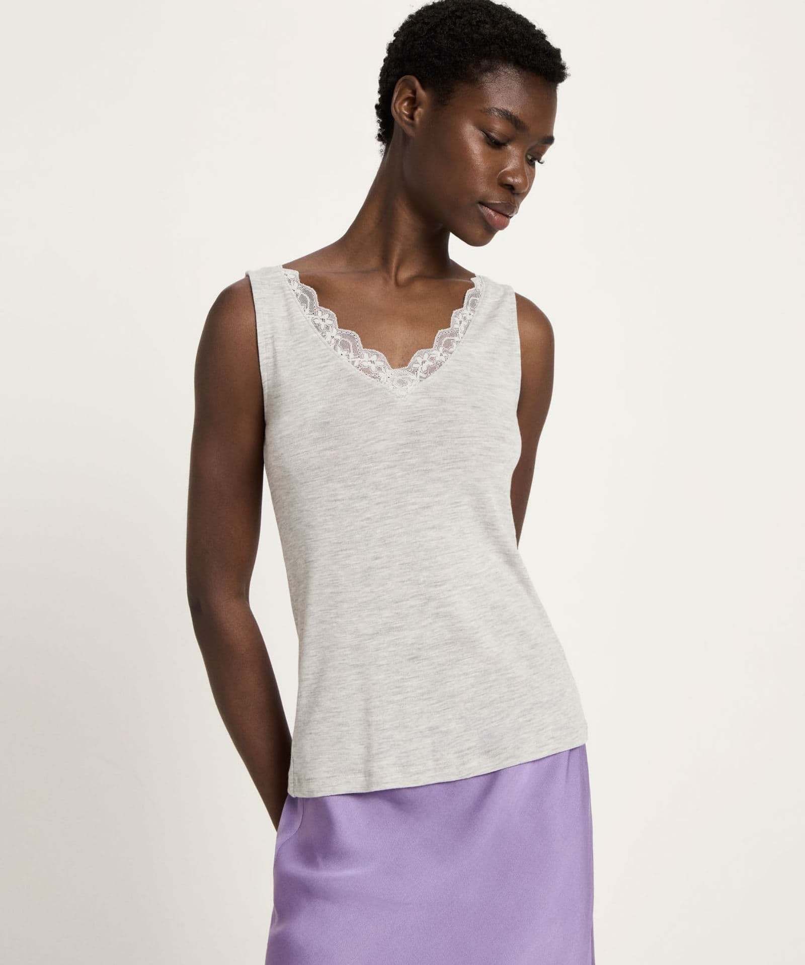 Lace Trim Organic Cotton Vest – Grey Marl by LANIUS — fair fashion in organic materials, view 2