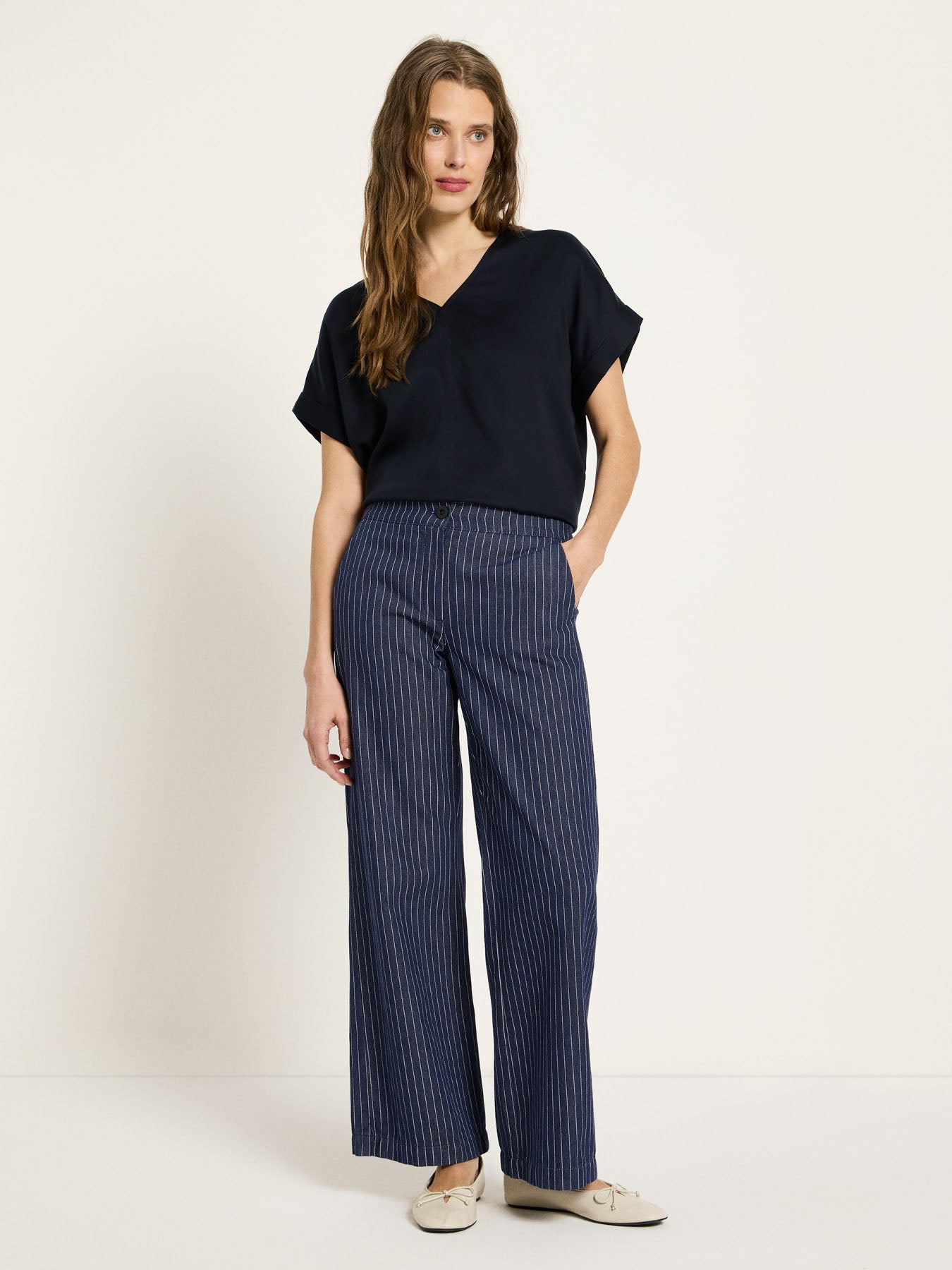 Marlene Pinstripe Trousers | Navy & White by LANIUS — fair fashion in organic materials, view 2