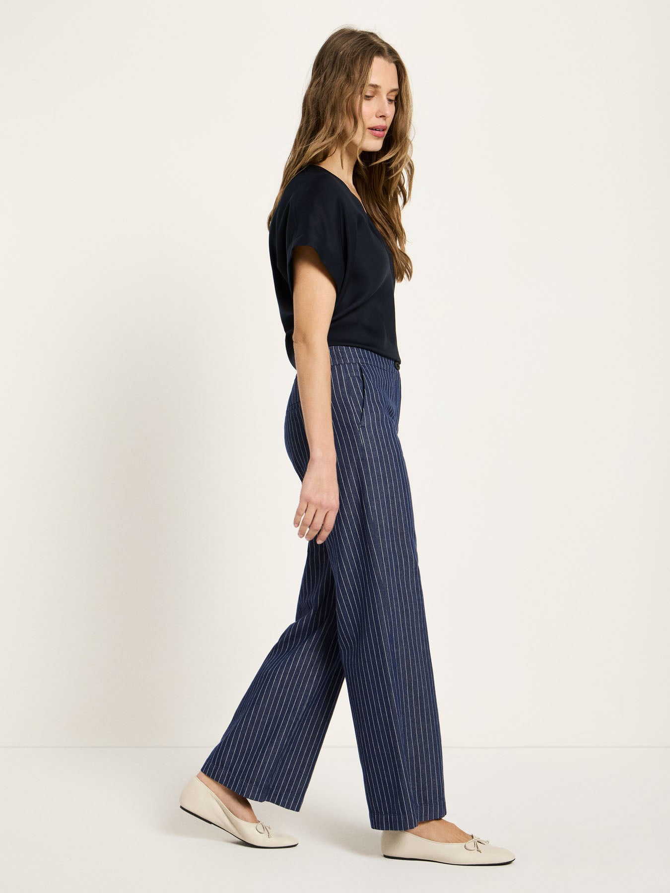 Marlene Pinstripe Trousers | Navy & White by LANIUS — fair fashion in organic materials, view 3