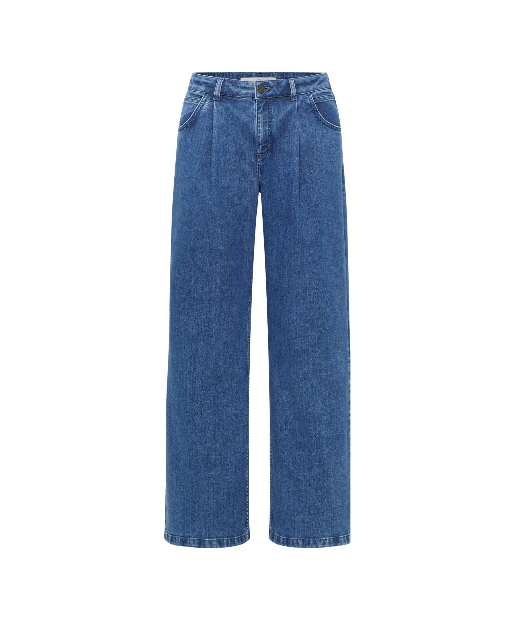 LANIUS Marlene pleated wide-leg jeans in mid-blue organic denim, front view