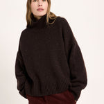 LANIUS oversized jumper in chocolate tweed with a ribbed high neck, front view