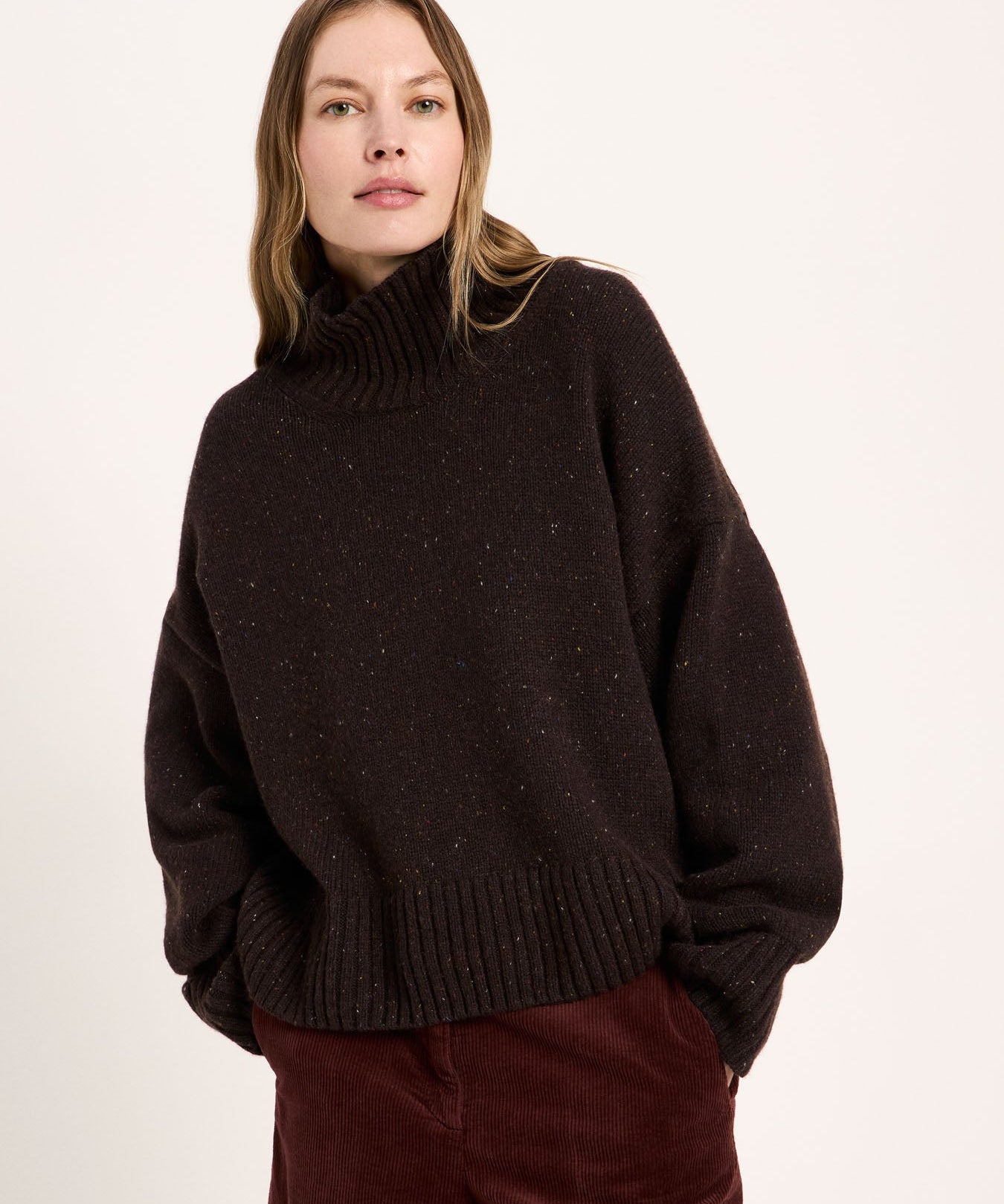 LANIUS oversized jumper in chocolate tweed with a ribbed high neck, front view
