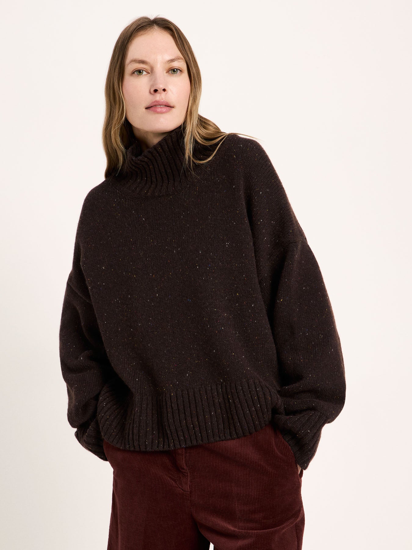 LANIUS oversized jumper in chocolate tweed with a ribbed high neck, front view