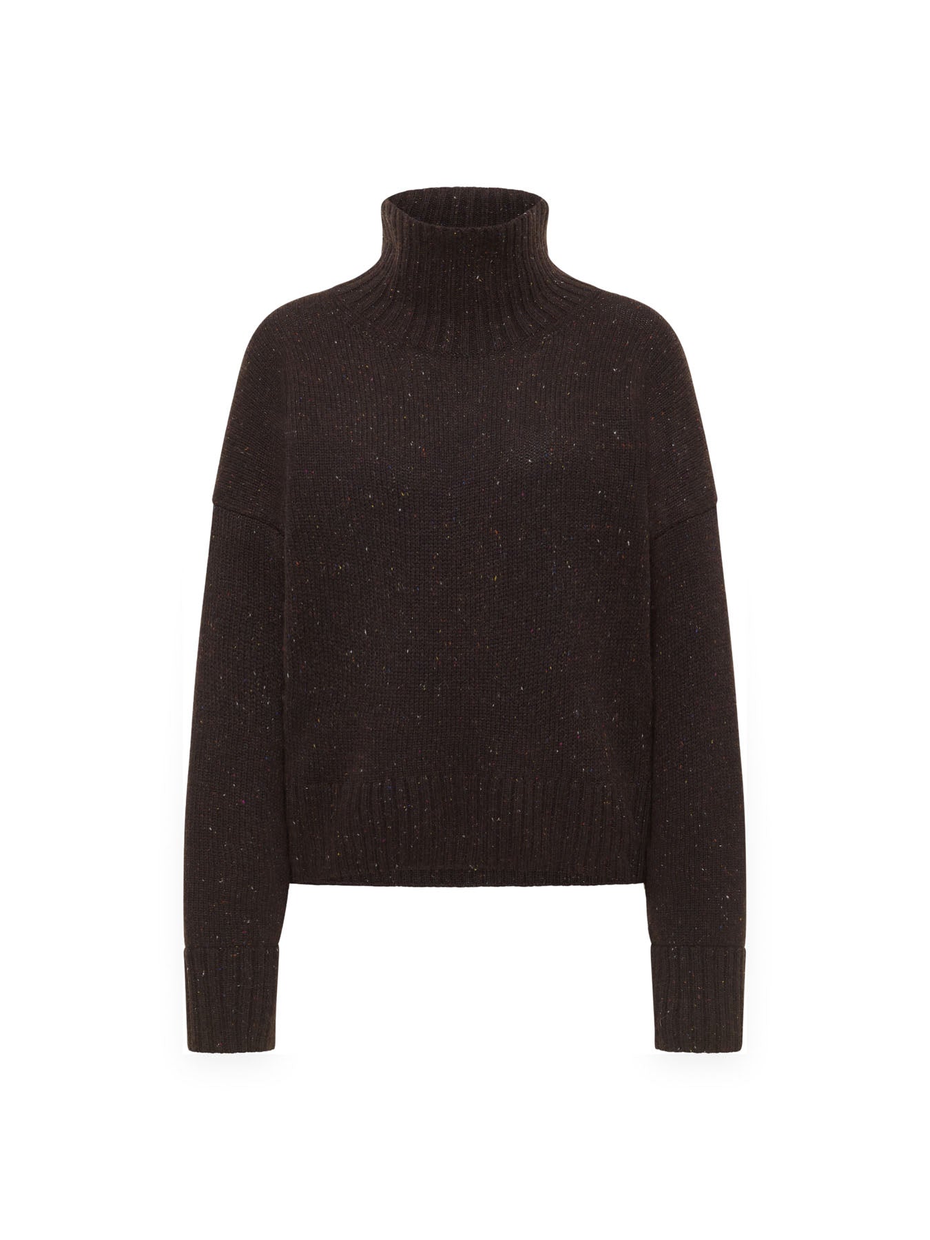 LANIUS oversized jumper in chocolate tweed with a ribbed high neck, front view
