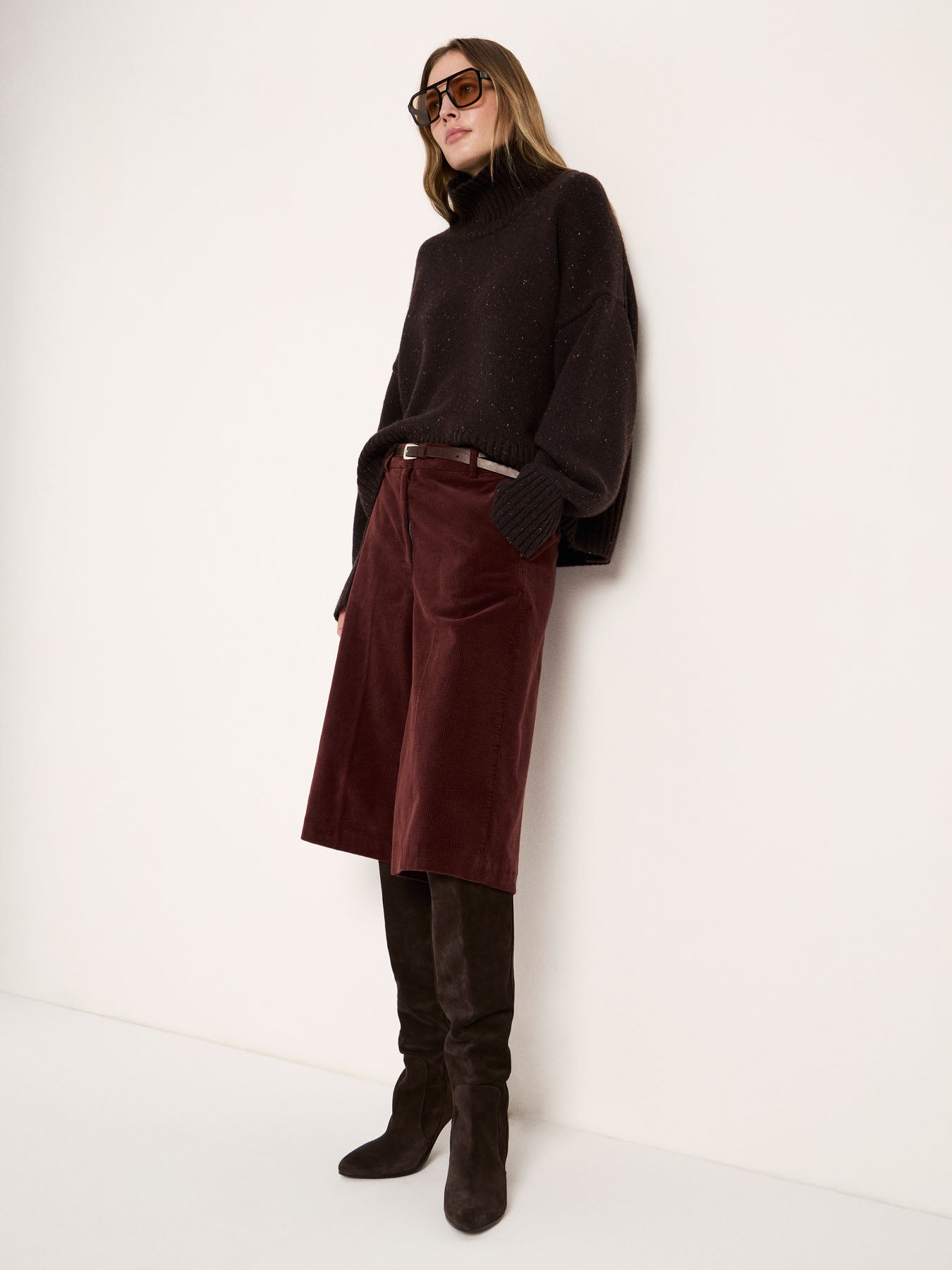 LANIUS oversized jumper in chocolate tweed with a ribbed high neck, worn by a model