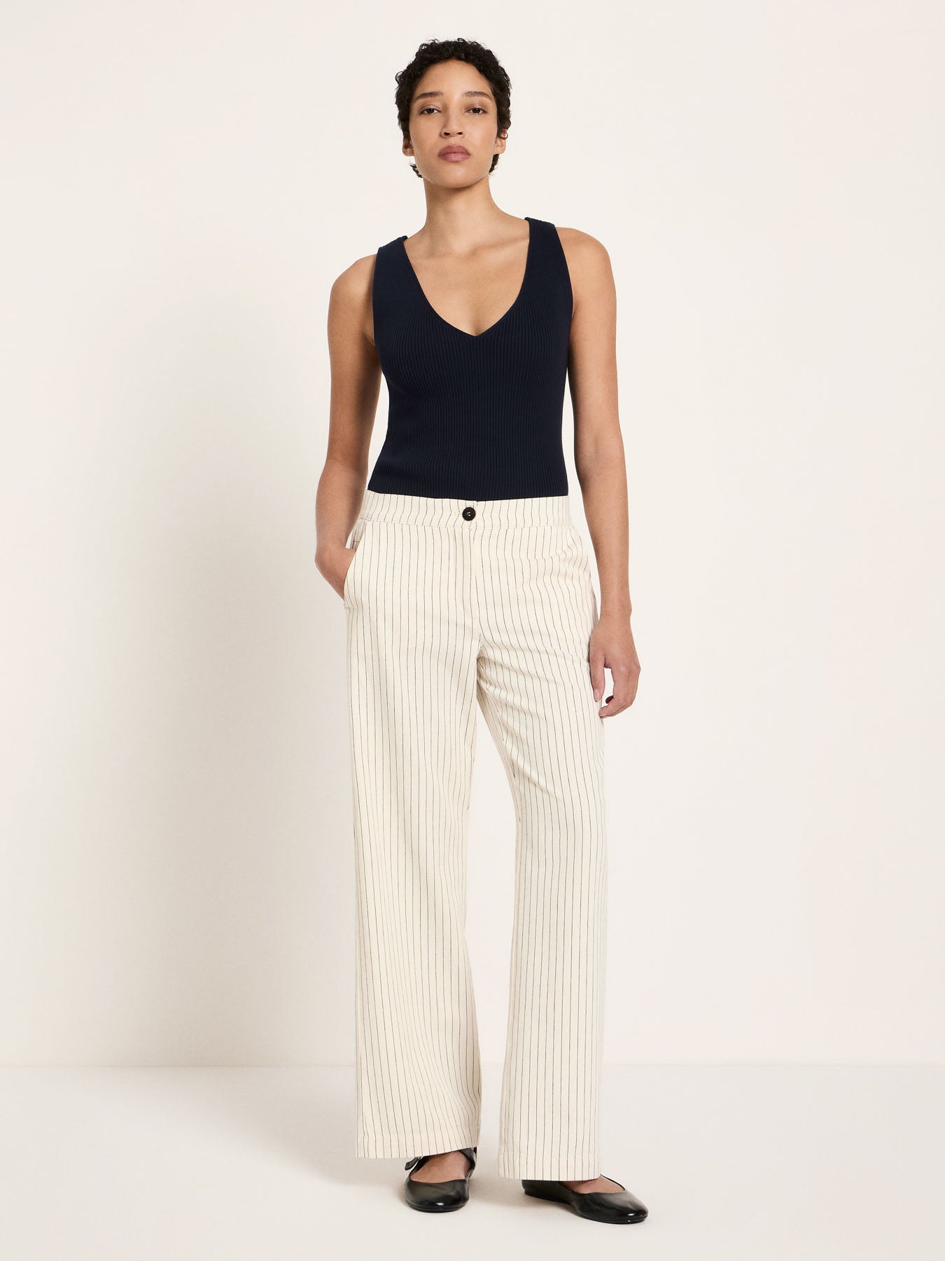Pinstripe Marlene Trousers - Ecru & Black by LANIUS — fair fashion in organic materials, view 3
