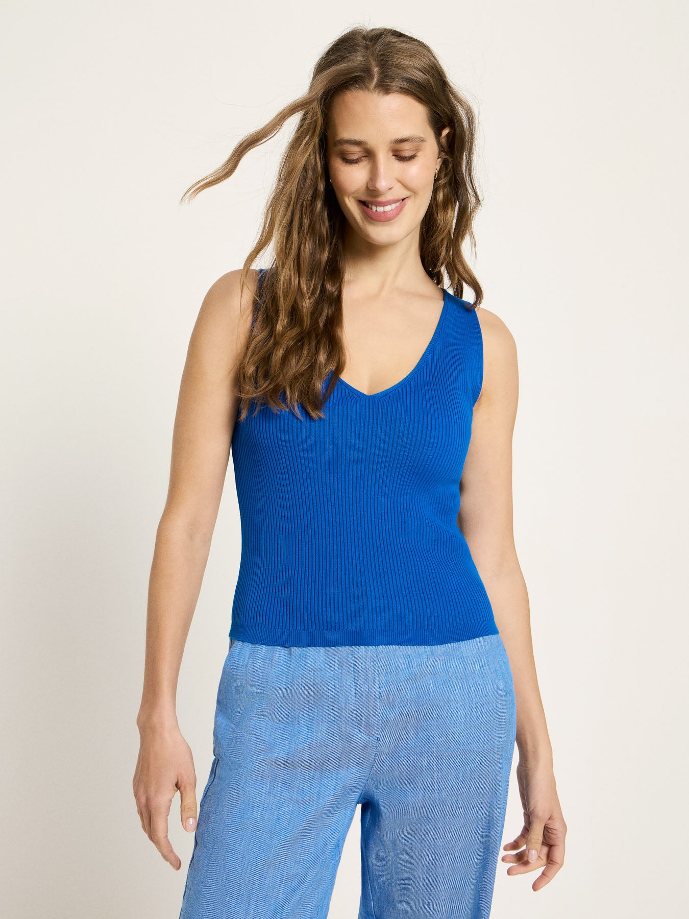 V-Neck Rib Knit Top - Lapis Blue by LANIUS — fair fashion in organic materials, view 3