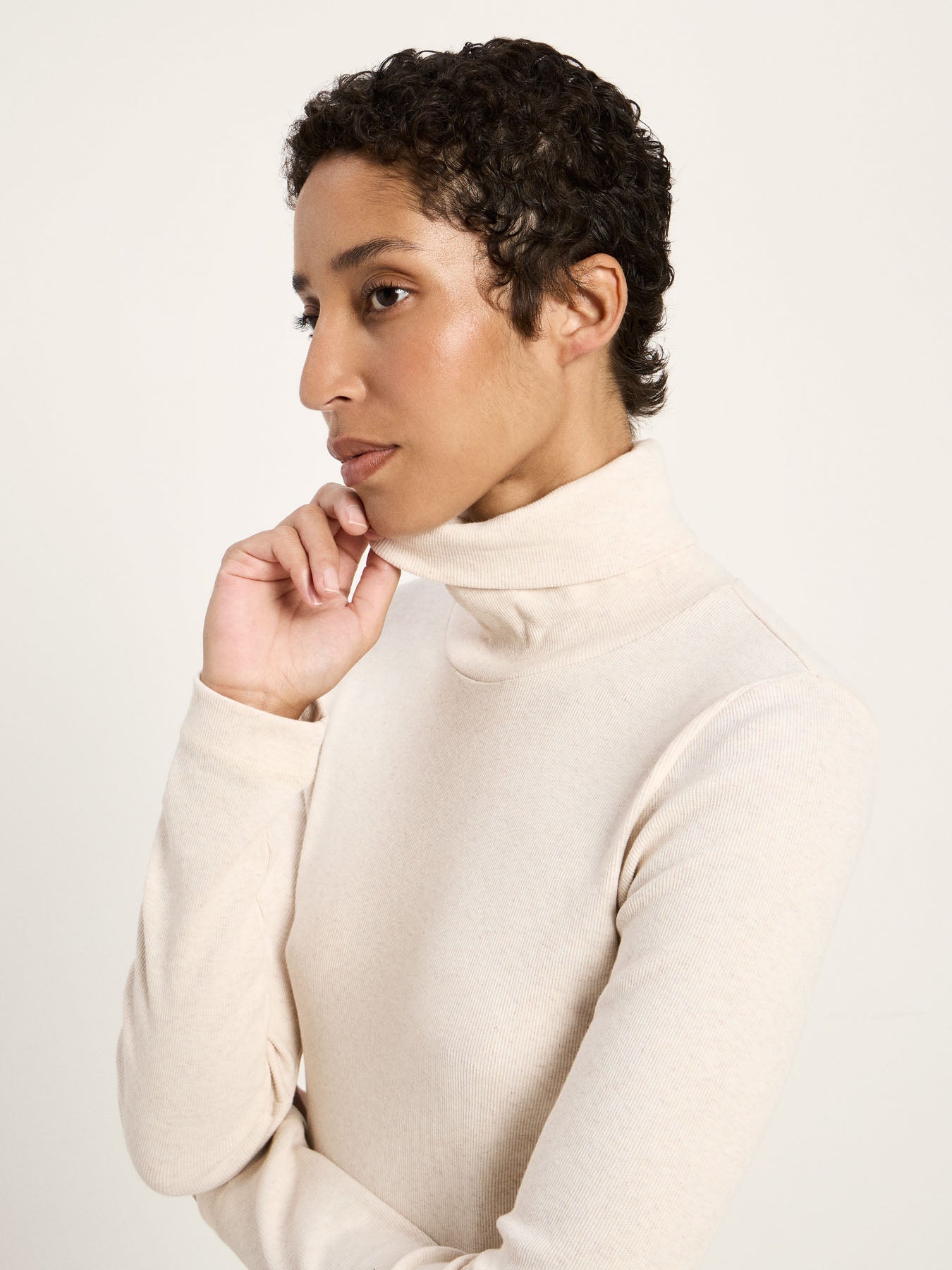 LANIUS ribbed roll-neck top in cream melange organic cotton, another view