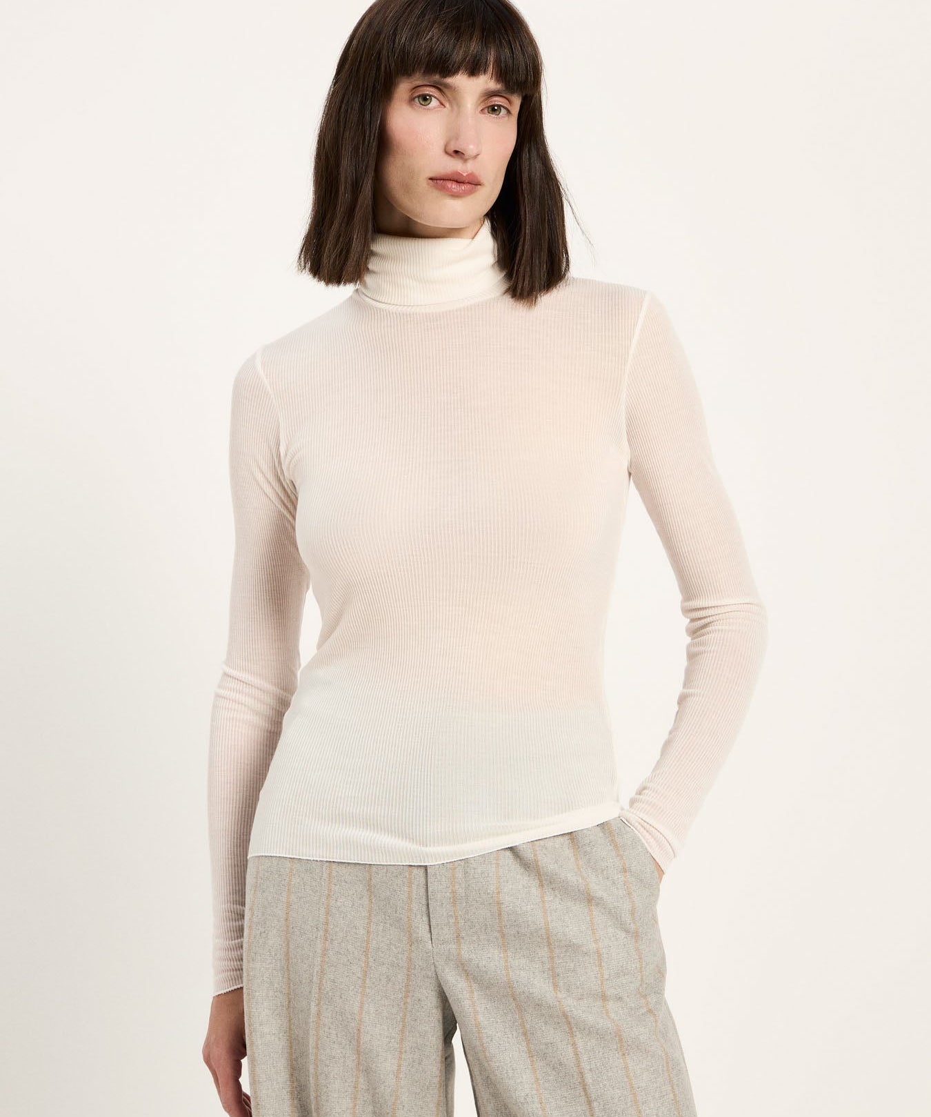 LANIUS roll-neck top in cream TENCEL Lyocell, front view