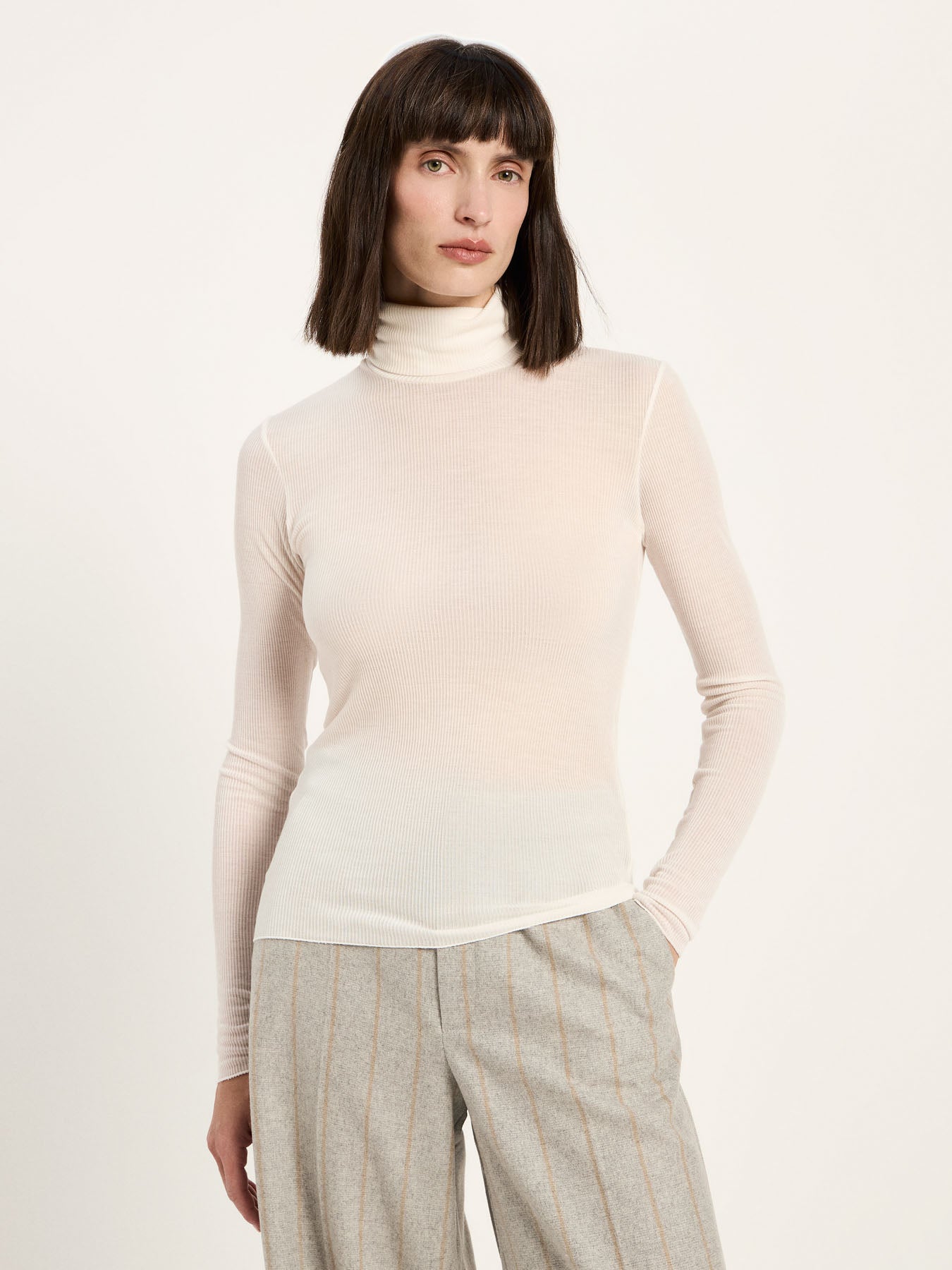 LANIUS roll-neck top in cream TENCEL Lyocell, front view