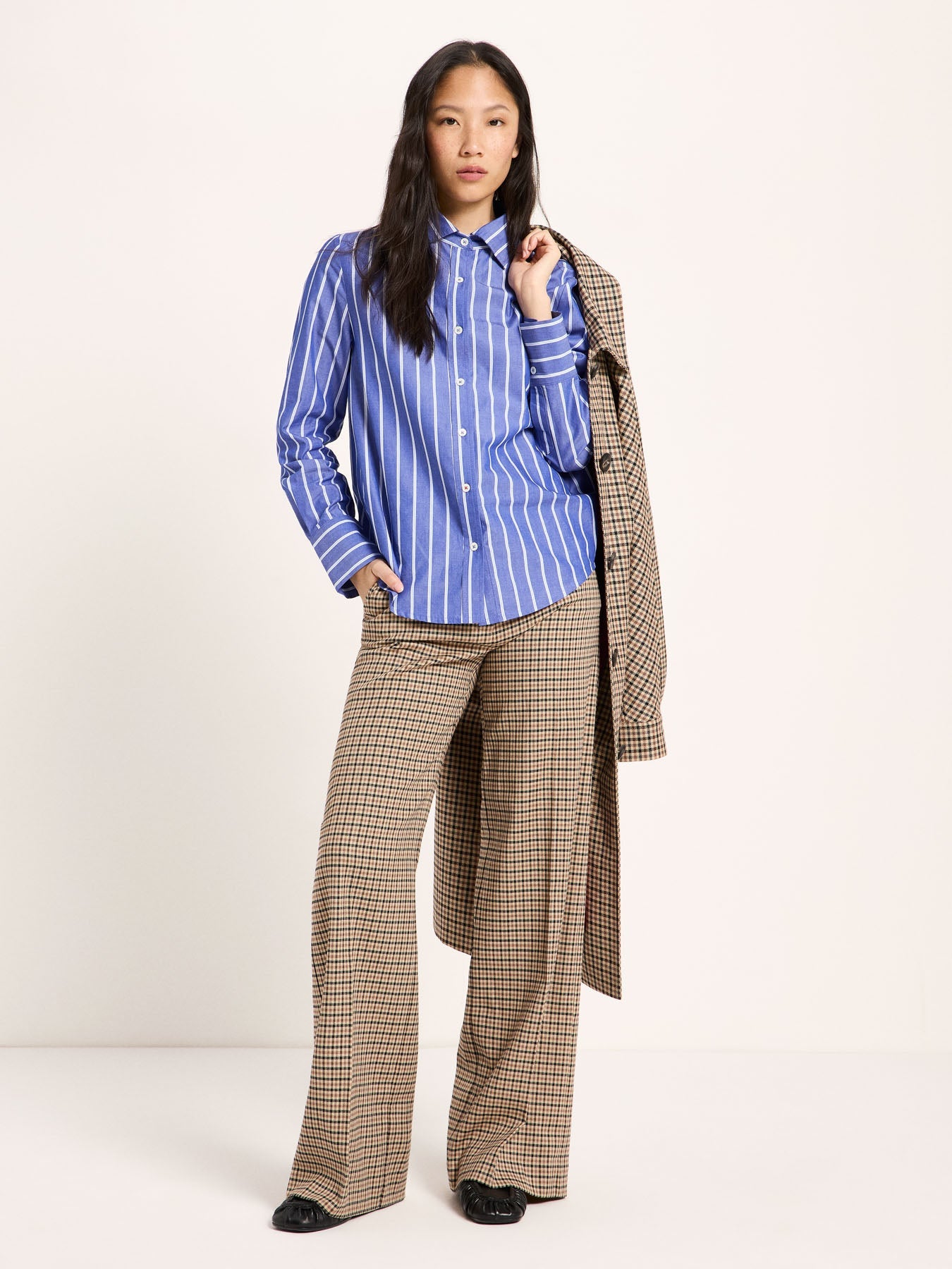 LANIUS electric blue and light blue striped shirt worn by a model