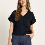 Draped V-Neck Top - Midnight Blue by LANIUS — fair fashion in organic materials, front view