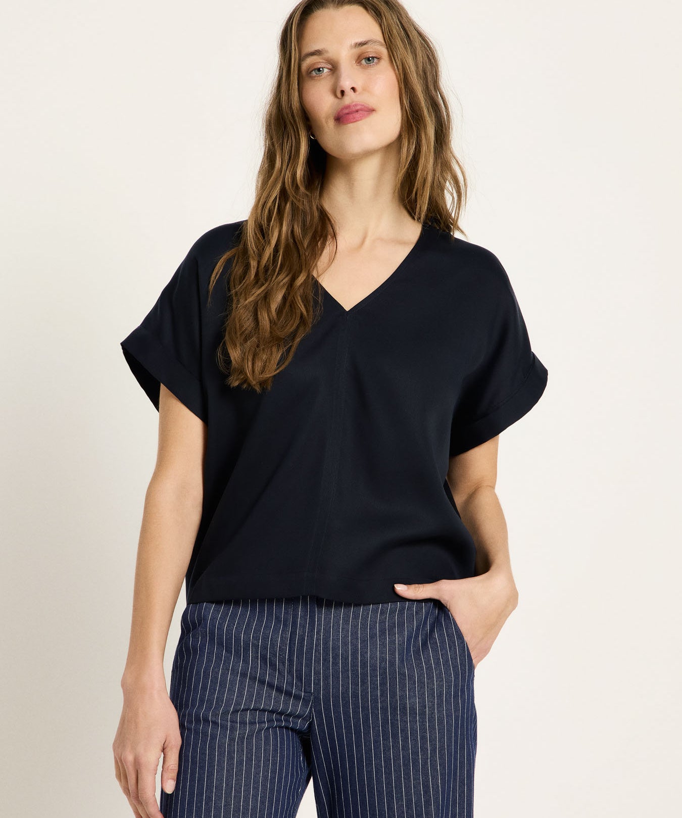 Draped V-Neck Top - Midnight Blue by LANIUS — fair fashion in organic materials, front view