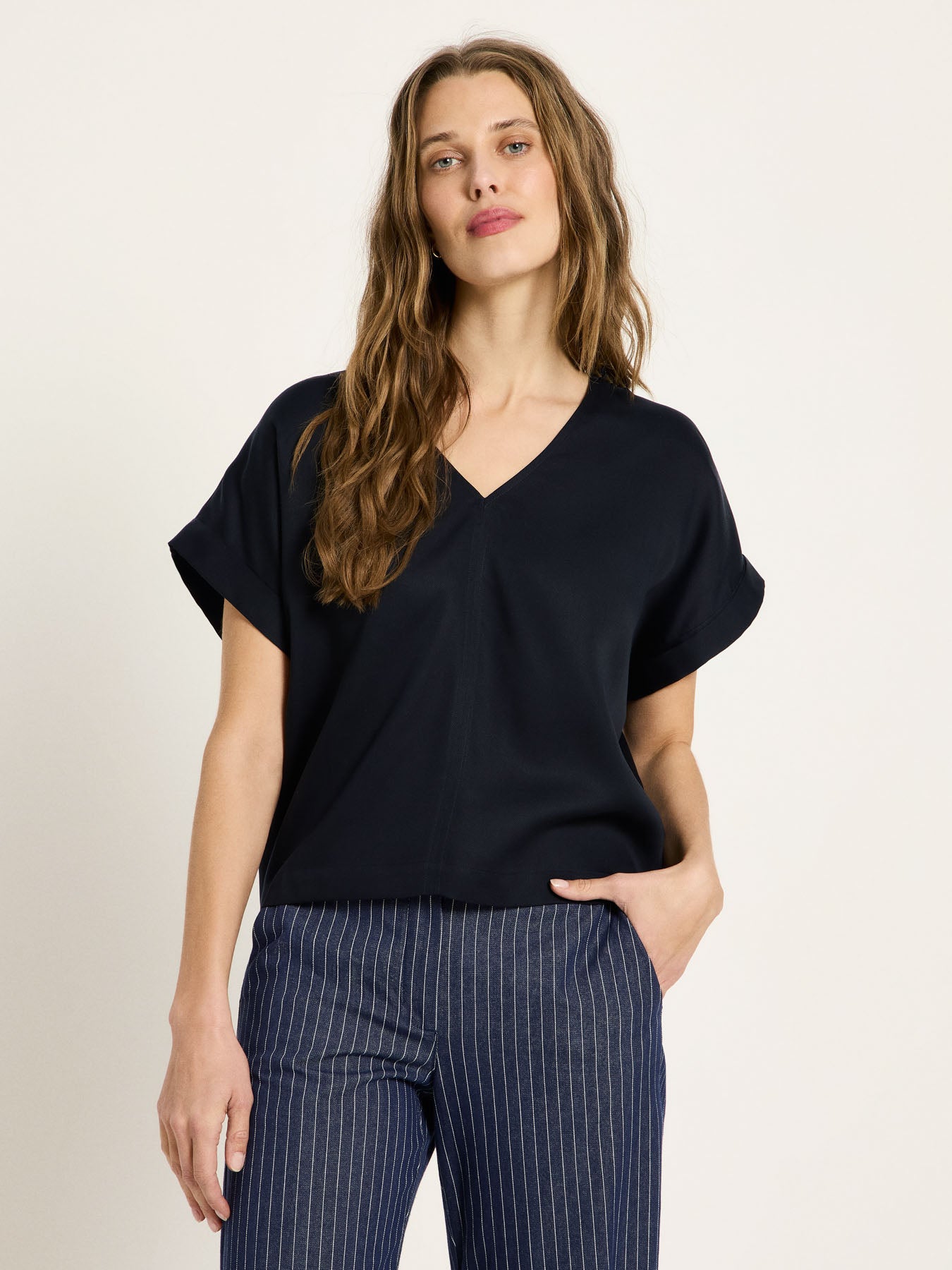 Draped V-Neck Top - Midnight Blue by LANIUS — fair fashion in organic materials, front view